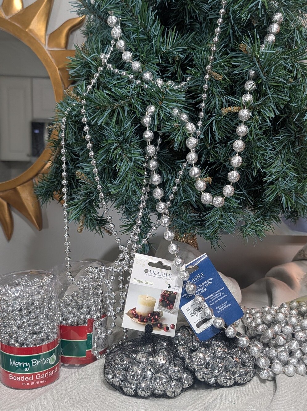 Silver Christmas Tree Garland & Jingle Bells 82' Trim Holiday Decoration Festive